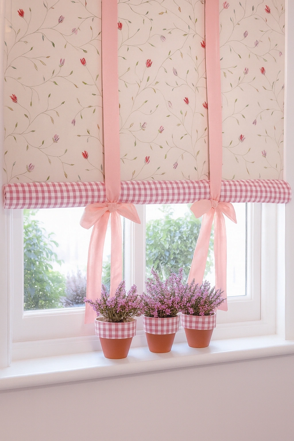 Detalle de estor paqueto con flores rosas y lazos en ventana de ambiente romántico