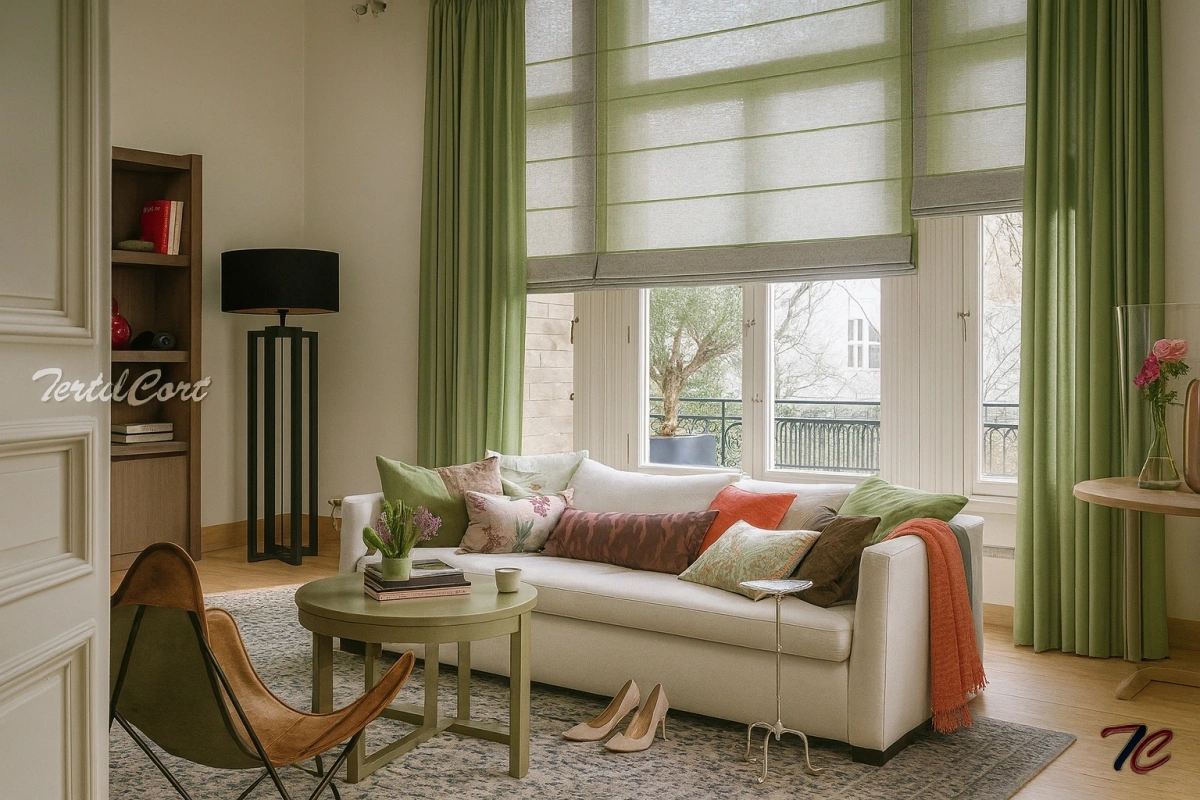 Salón decorado con estor paqueto  bicolor verde y gris, acompañado de cortinas y cojines a juego
