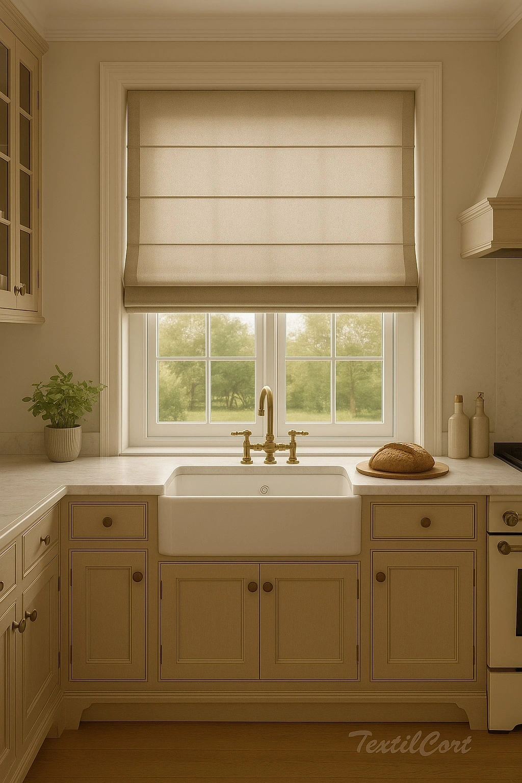 Foto detalle estor lino beige claro en cocina clásica con muebles en tonos crema y grifería dorada