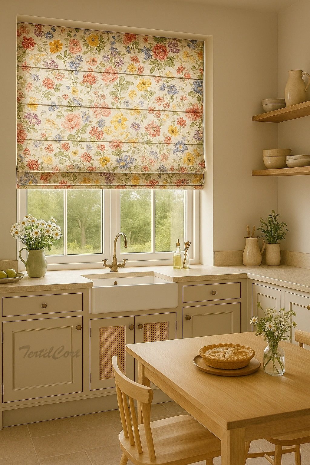 Foto detalle estor floral multicolor en cocina campestre con muebles en tonos claros