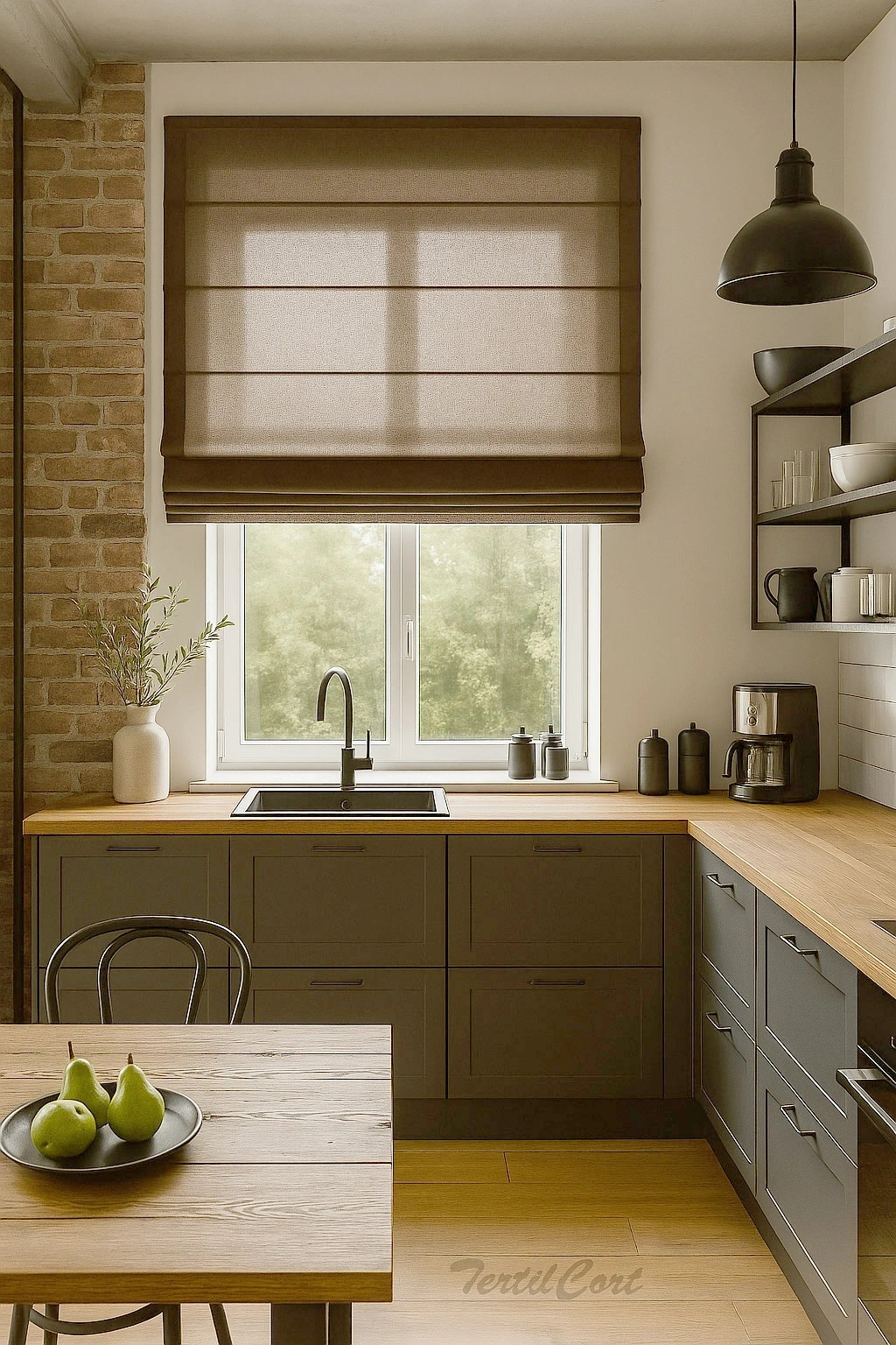 Foto detalle estor marrón oscuro en cocina estilo industrial con muebles de madera y pared de ladrillo