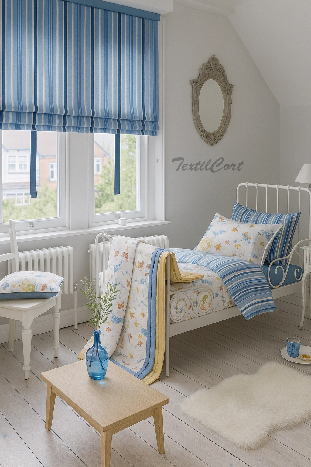 Dormitorio infantil con estores listados azul y blanco y ropa de cama a juego