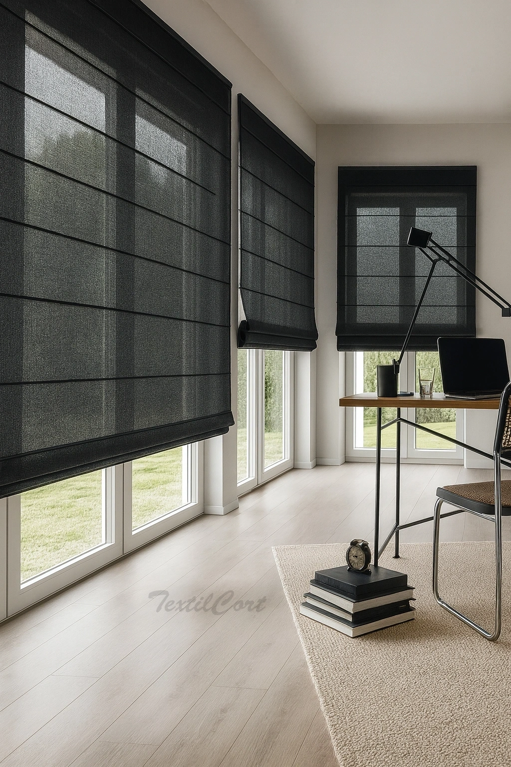 Foto detalle estores plegables visillo en gris neutro