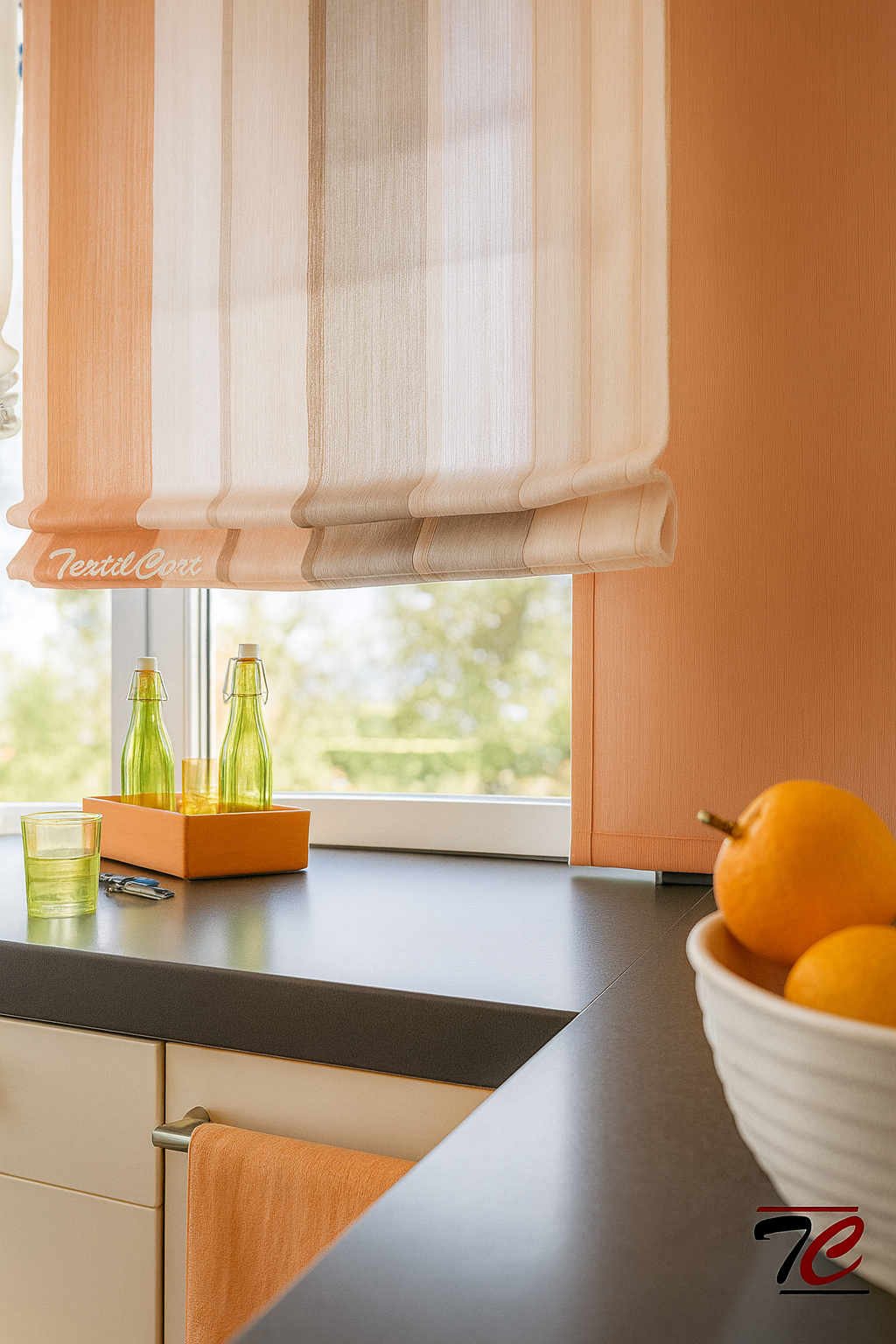 Cocina moderna con estor paqueto listado en tonos naranja, beige y tierra