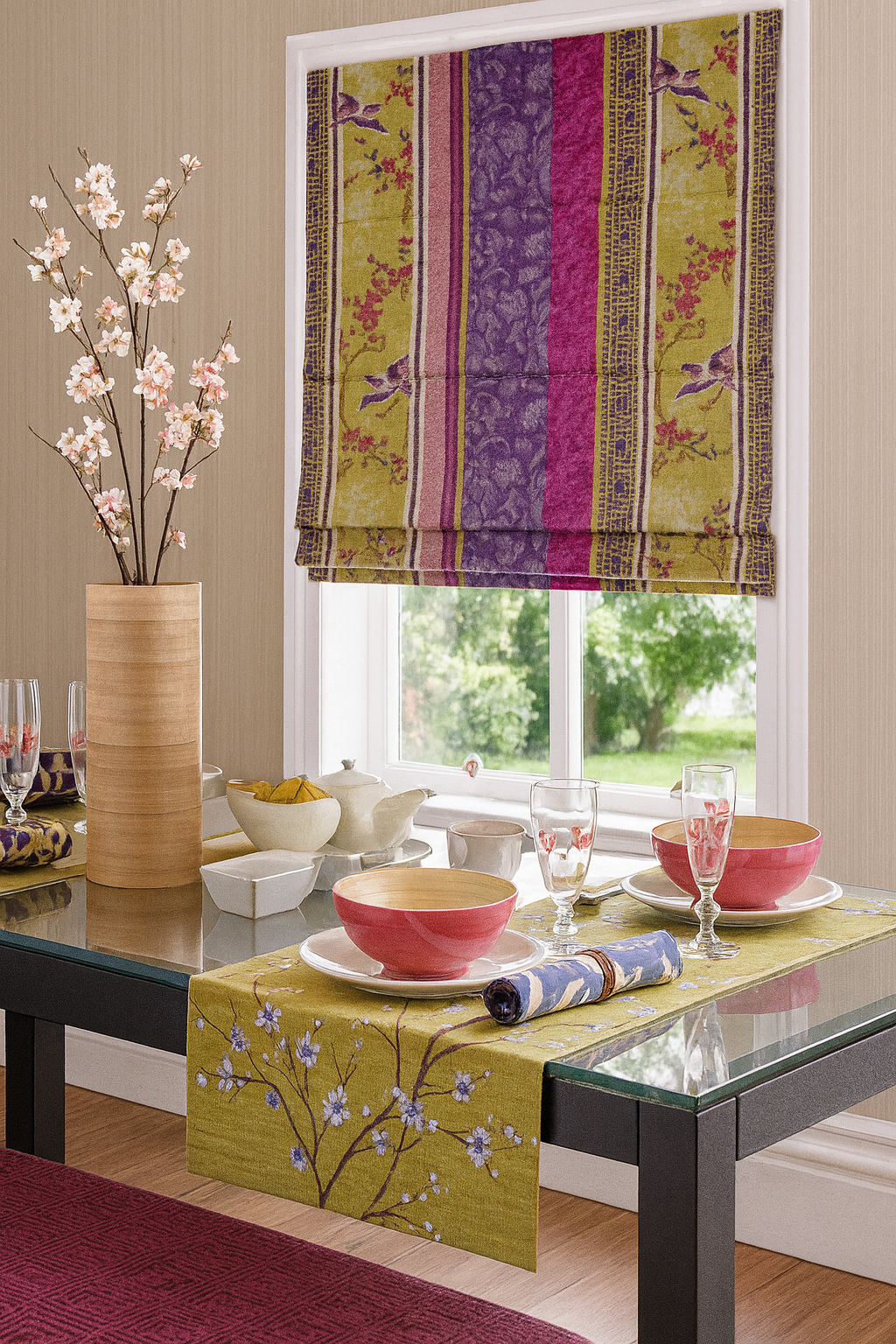 Comedor decorado con estor paqueto estampado floral étnico en tonos oliva, violeta y fucsia