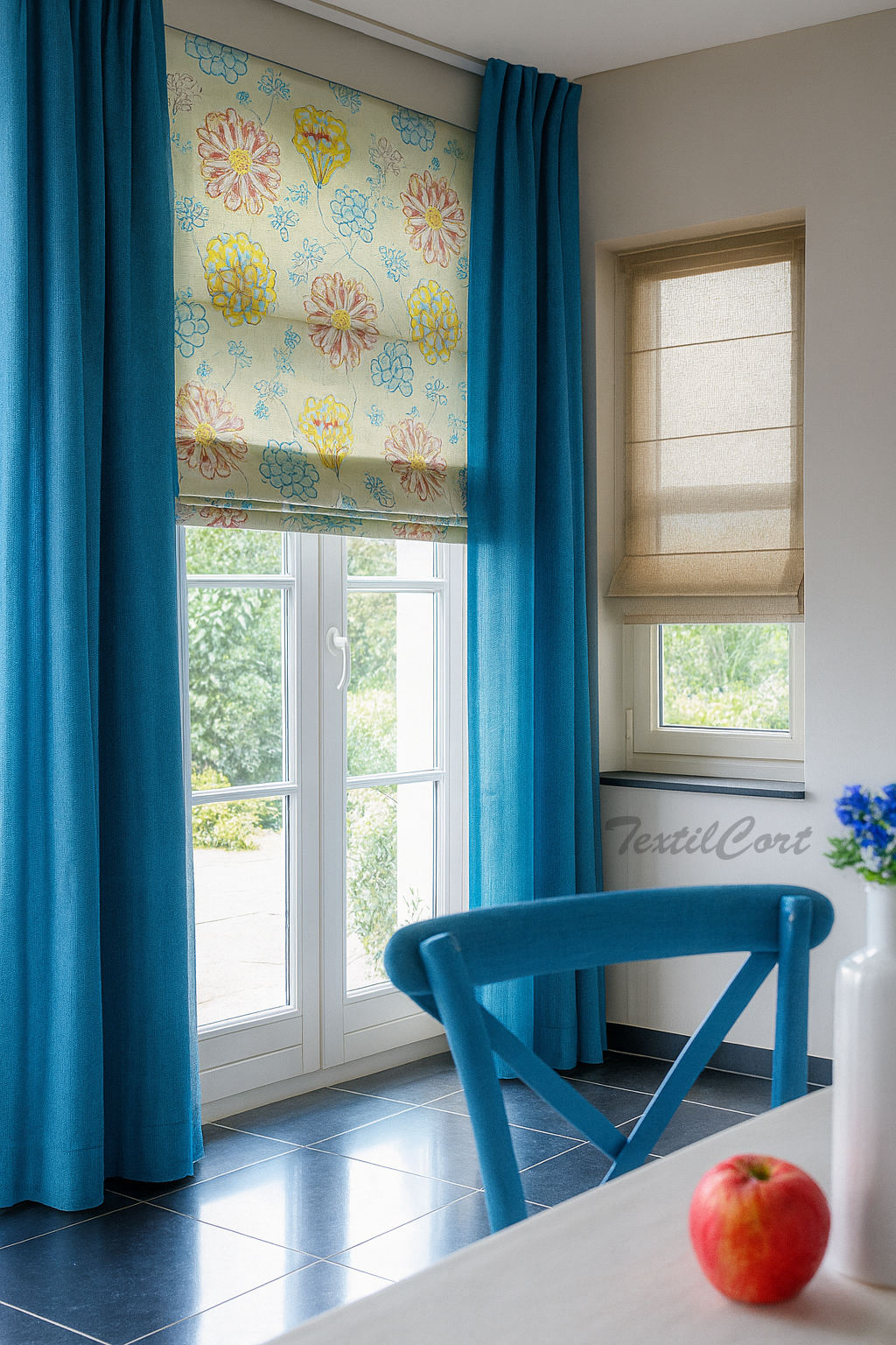 Comedor con estor floral en tonos pastel y cortinas azules lisas