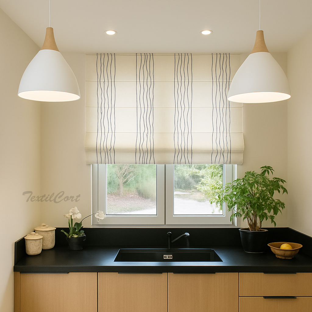 Estor plegable translúcido en blanco crudo con líneas verticales azul grisáceo en cocina moderna con encimera negra
