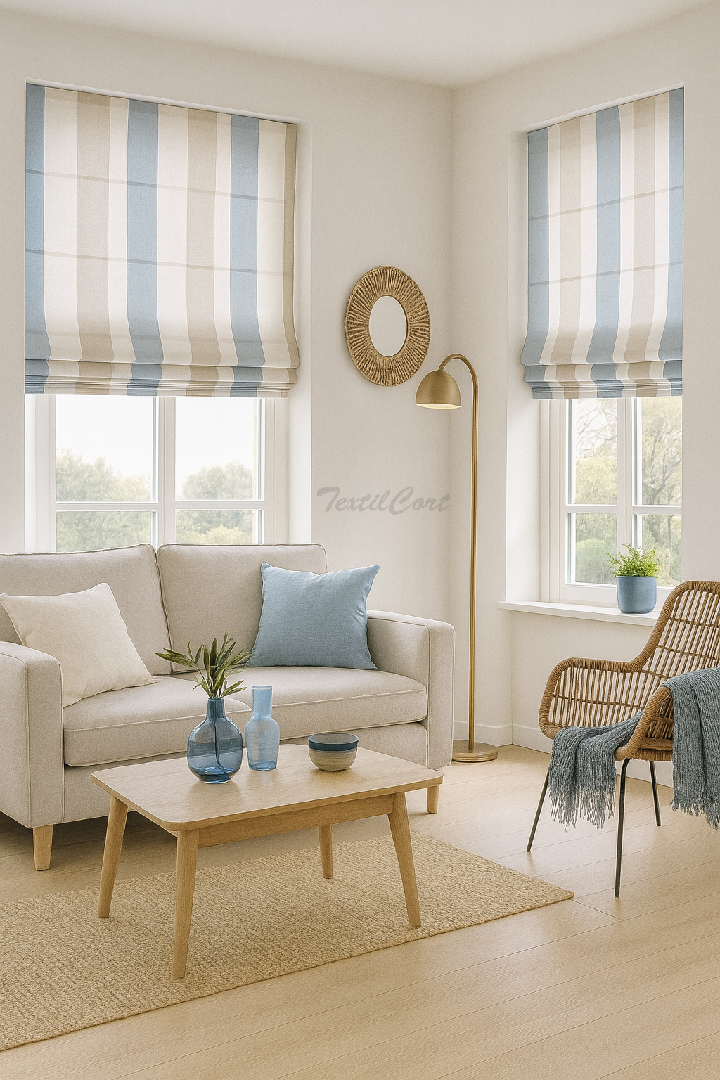 Salón estilo nórdico con estores paqueto de franjas azul claro, blanco y arena