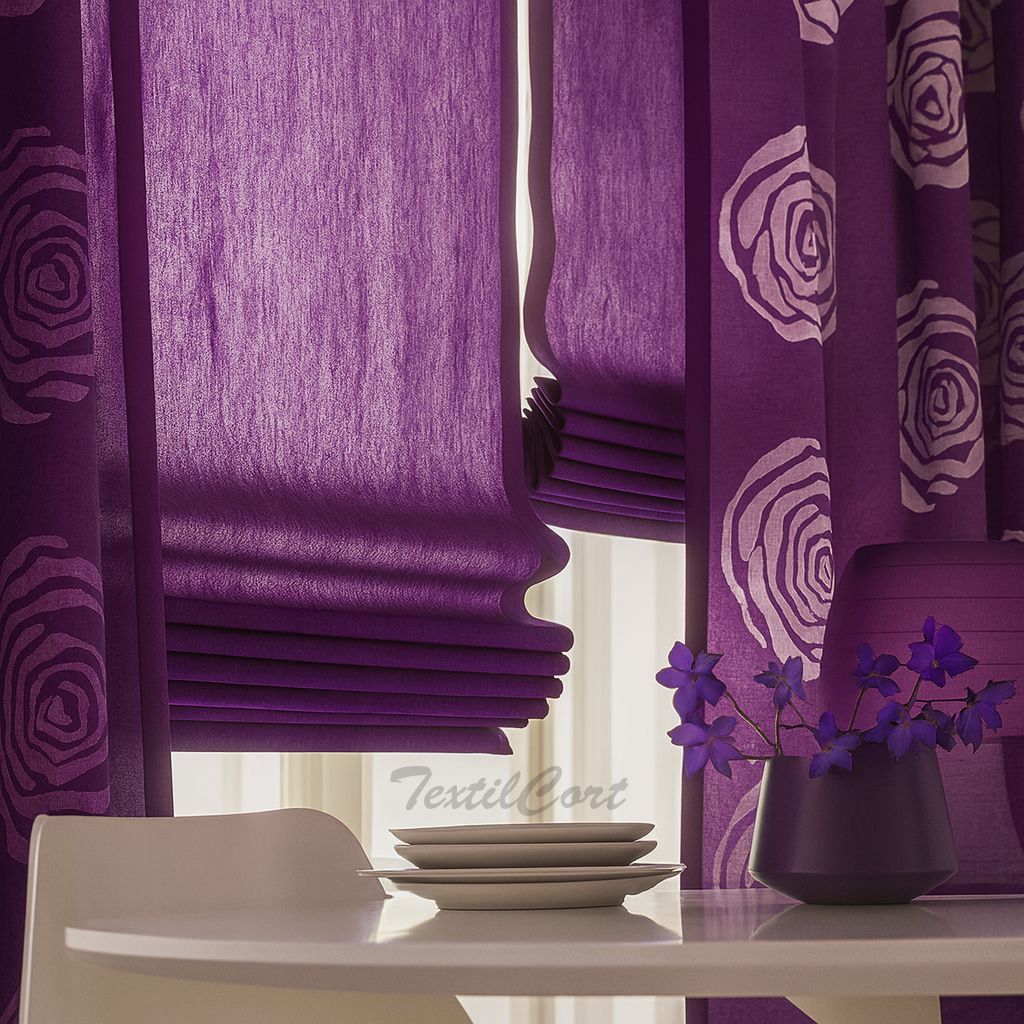 Detalle de estores y cortinas moradas con estampado floral en ambiente moderno con mesa blanca