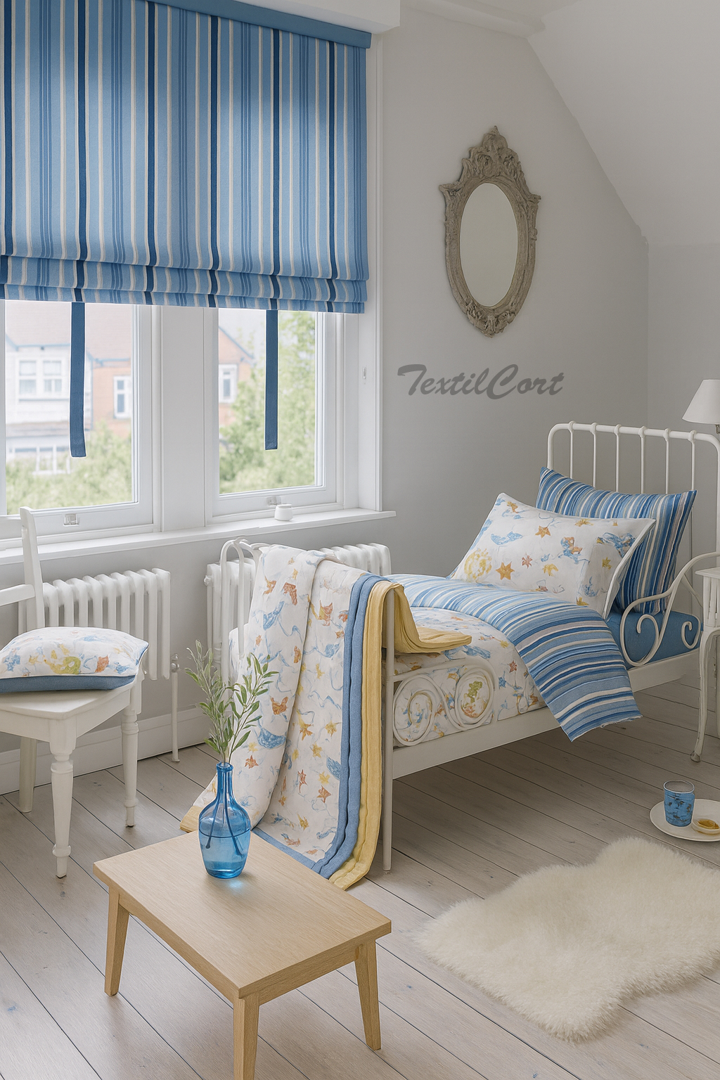 Dormitorio infantil con estores listados azul y blanco y ropa de cama a juego