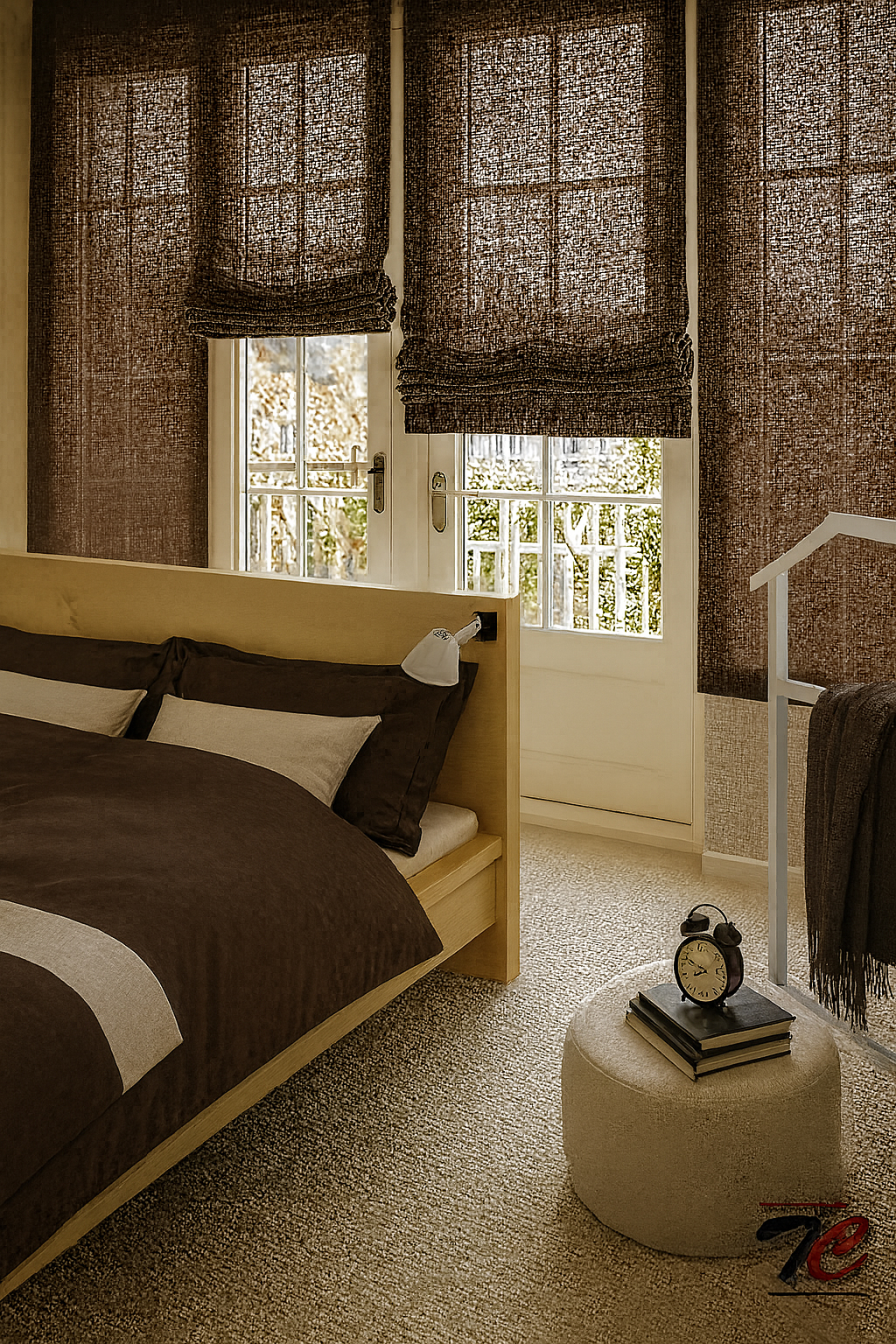 Dormitorio decorado con estores paqueto confeccionados en tejido tipo lino rústico marrón, con ambiente acogedor y cálido