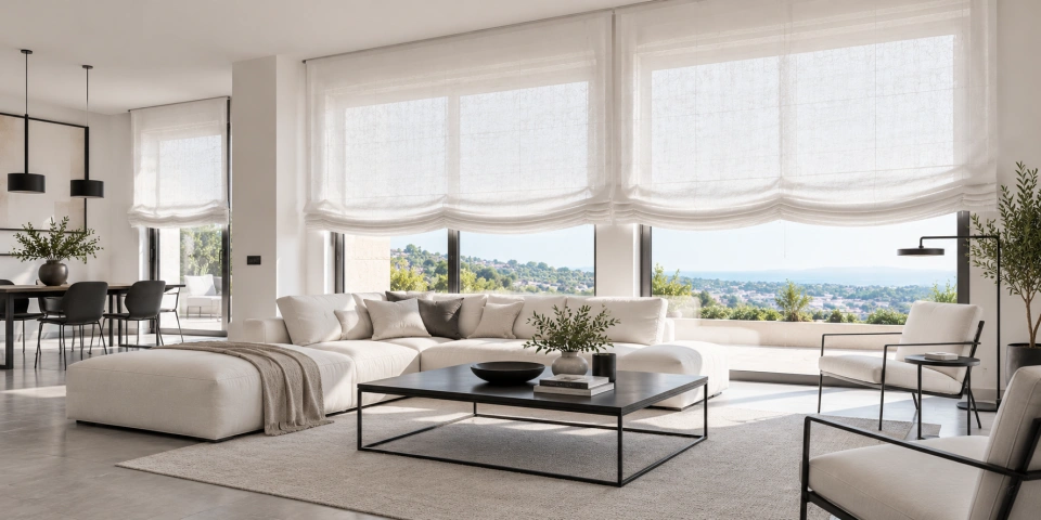 Salon minimalista con estores paqueto blancos