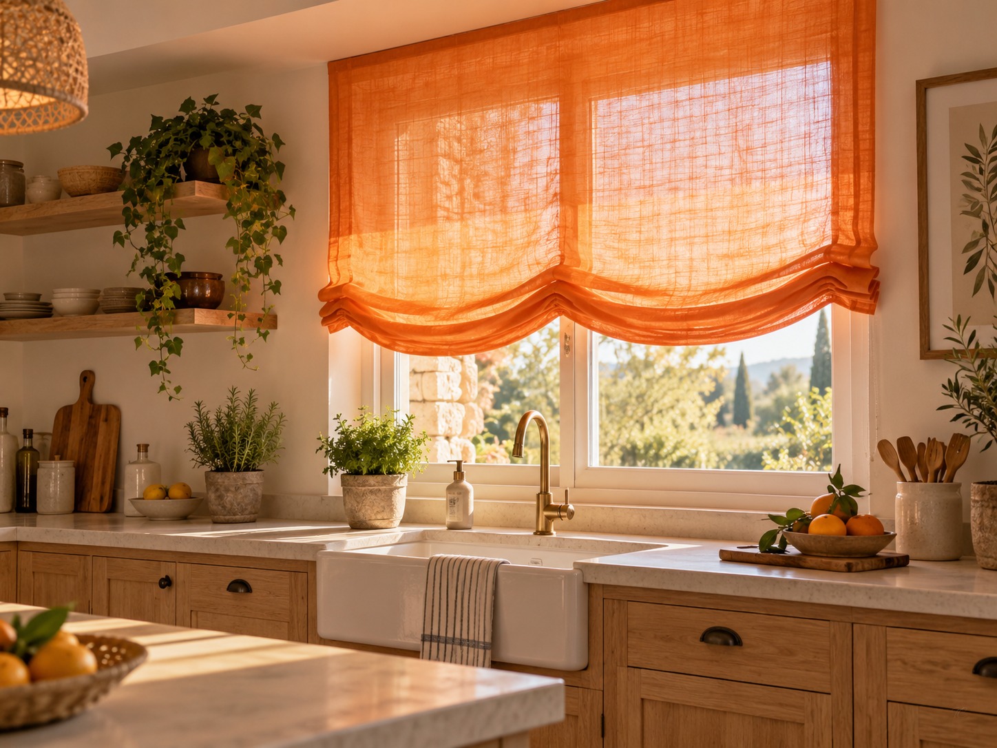 Cocina rustica con estor paqueto naranja dos ondas