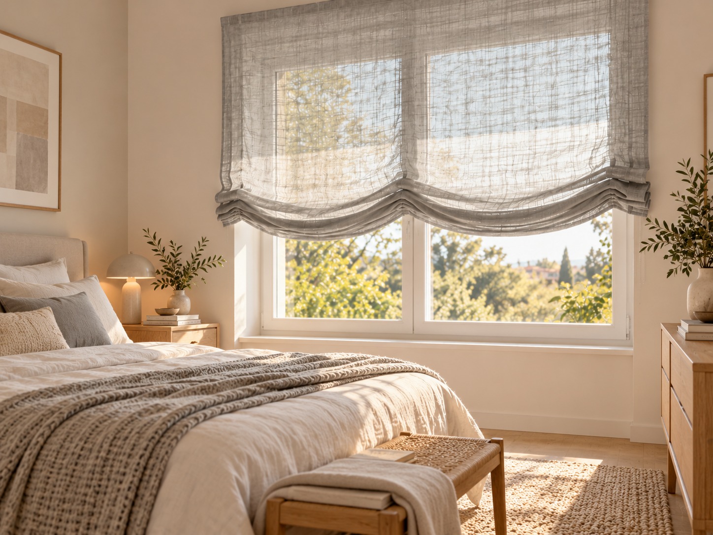 Dormitorio minimalista con estor paqueto gris dos ondas