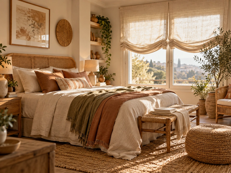 Boho chic bohemio dormitorio con estores paqueto