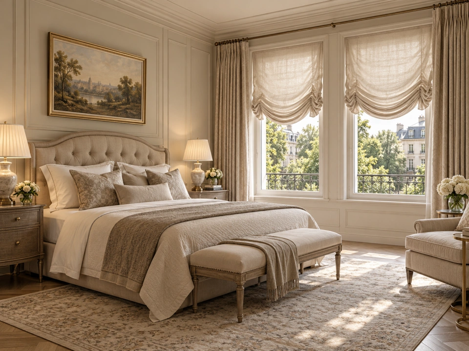 Clasico ornamental dormitorio con estores paqueto y cortinas