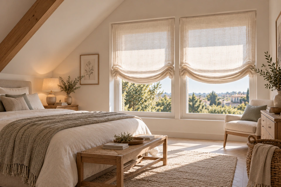 Escandinavo dormitorio con estores paqueto