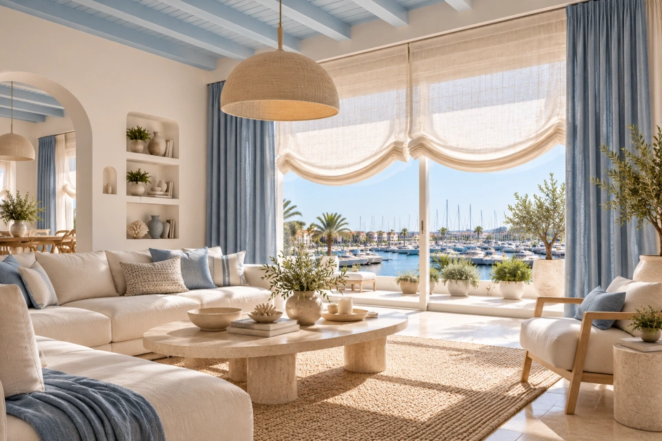 Mediterraneo estilo salon con estores paqueto y cortinas