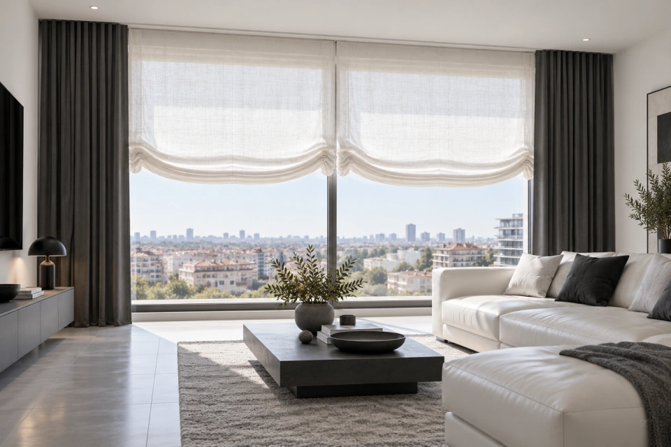 Moderno minimalista salon con estores paqueto y cortinas