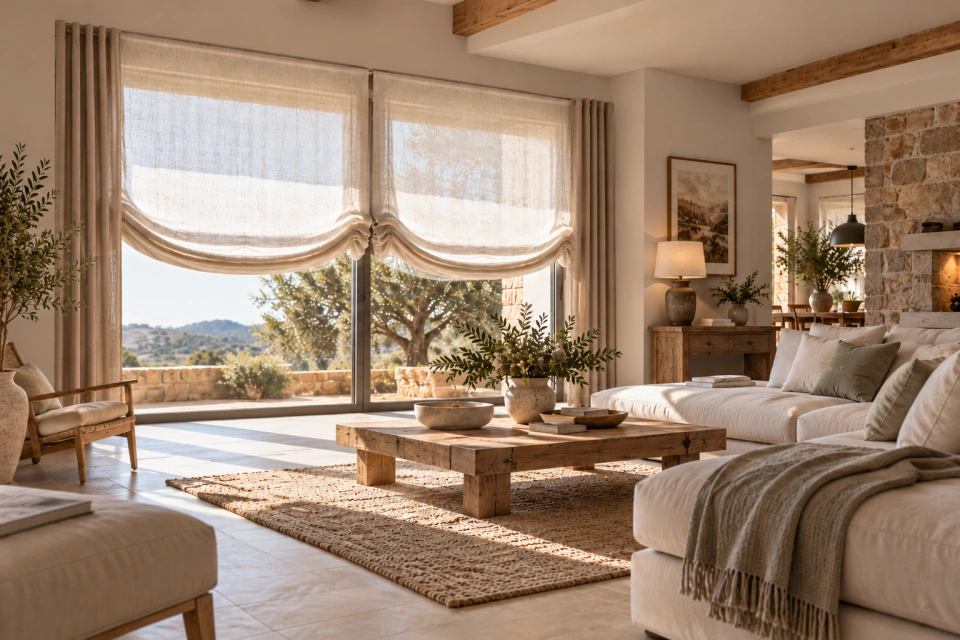 Rustico salon con estores paqueto y cortinas