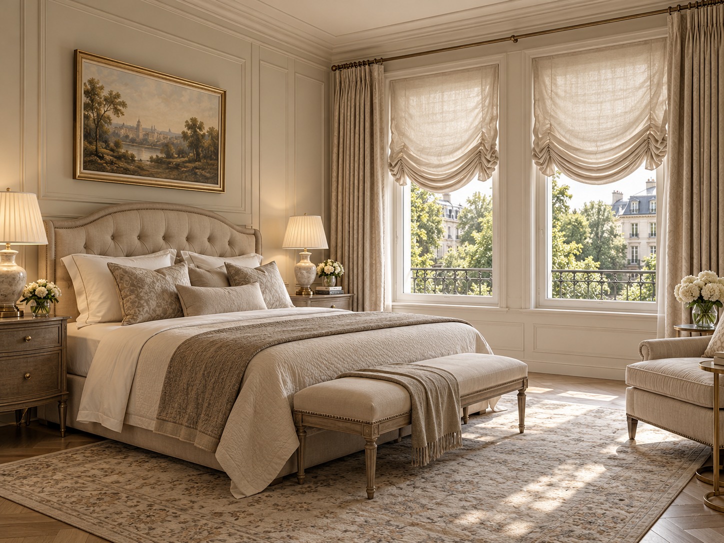 Clasico ornamental dormitorio con estores paqueto y cortinas