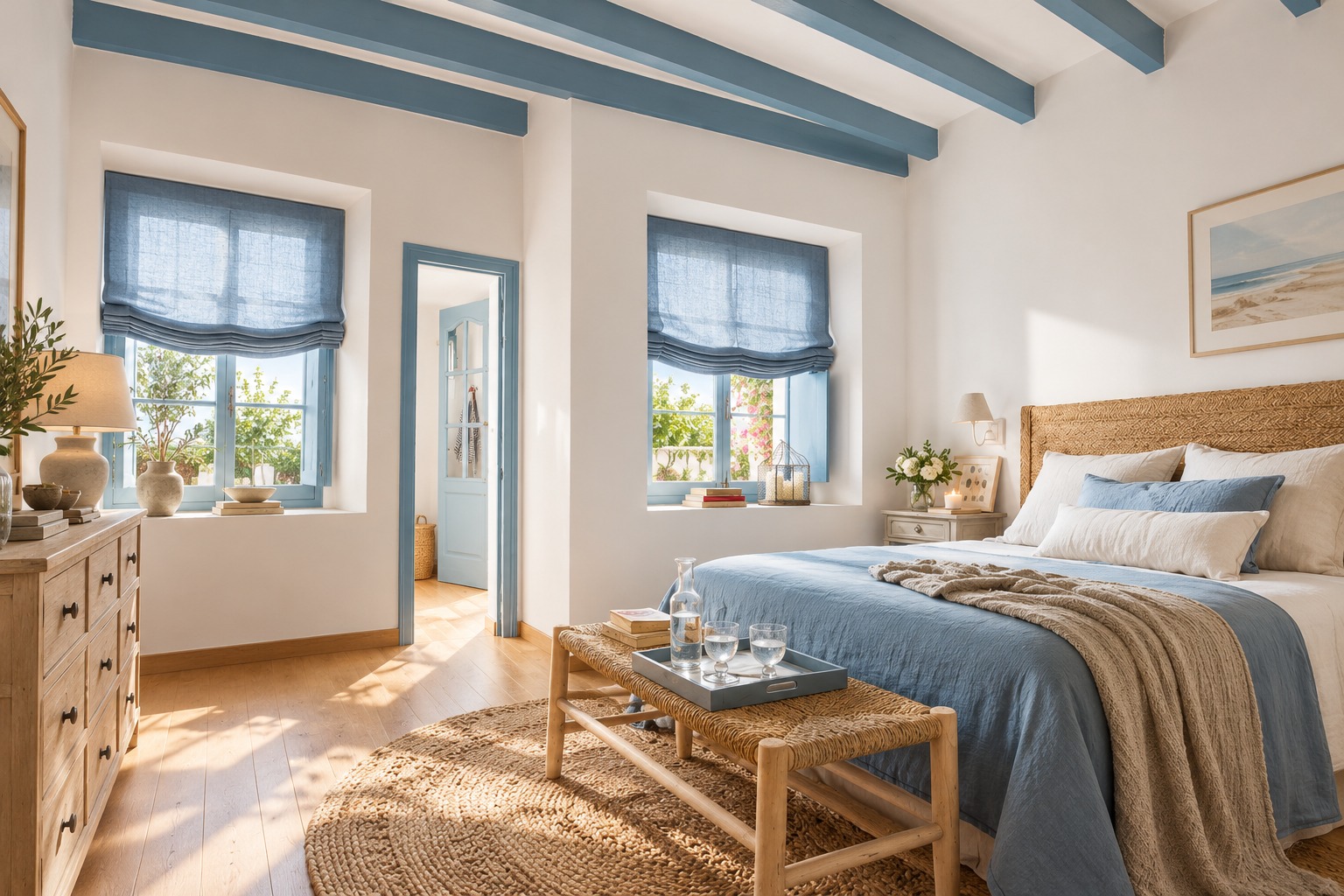 Mediterraneo estilo dormitorio con estores paqueto
