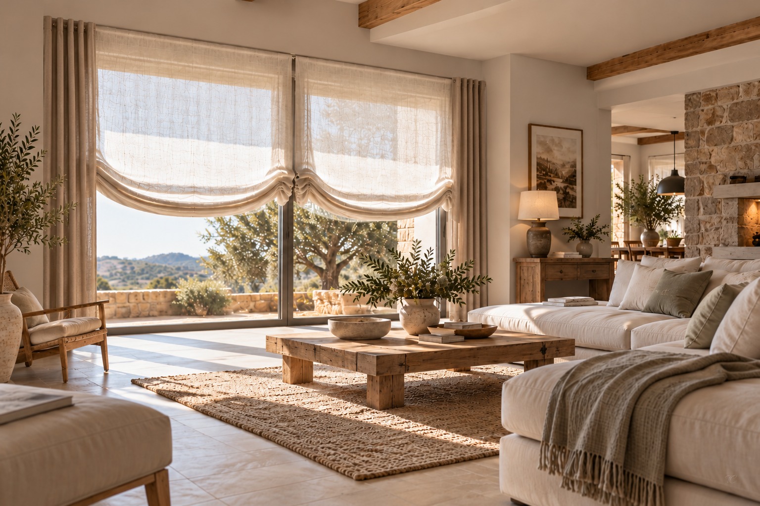 Rustico salon con estores paqueto y cortinas