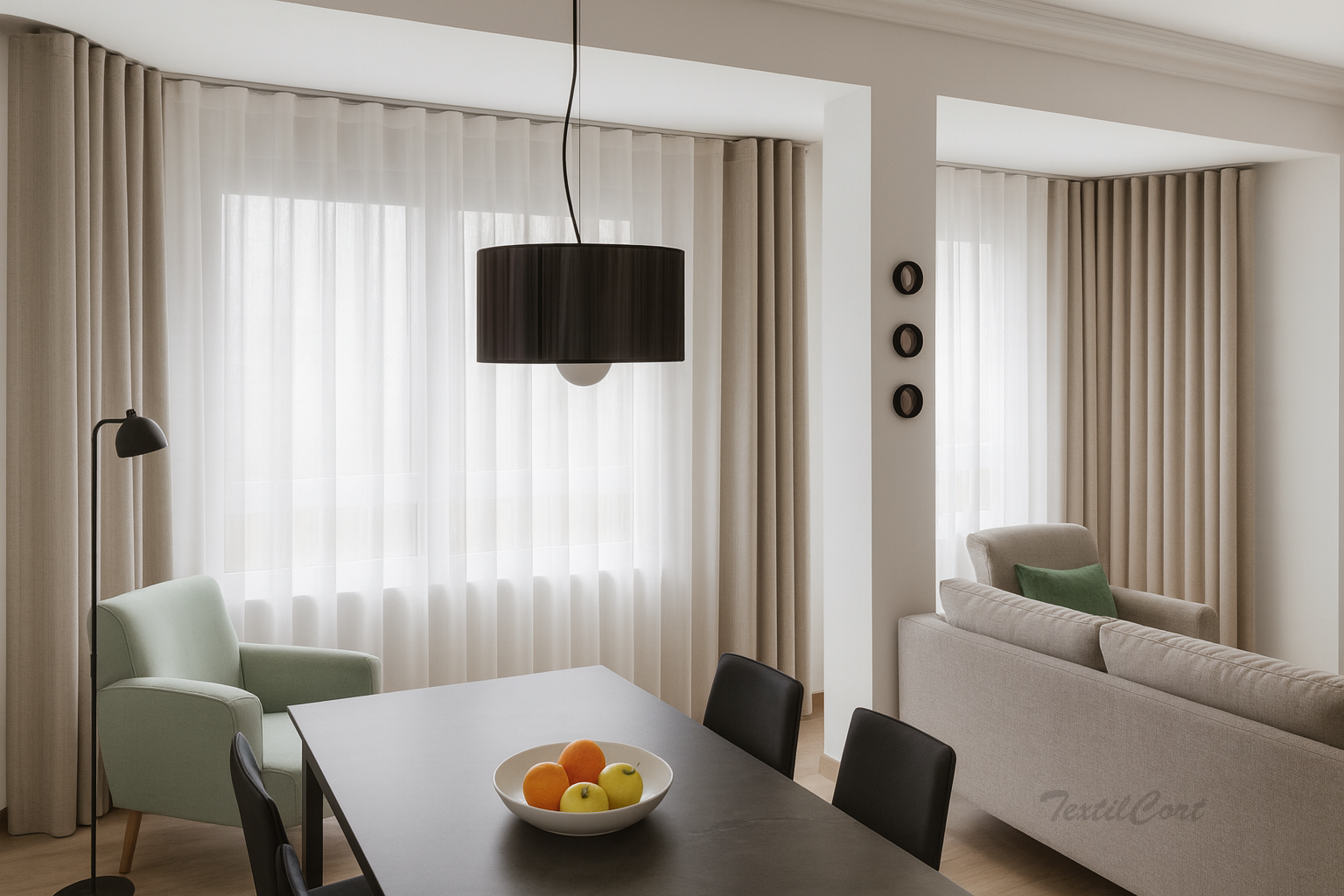 Cortinas onda perfecta con riel curvado salon moderno 1 textilcort