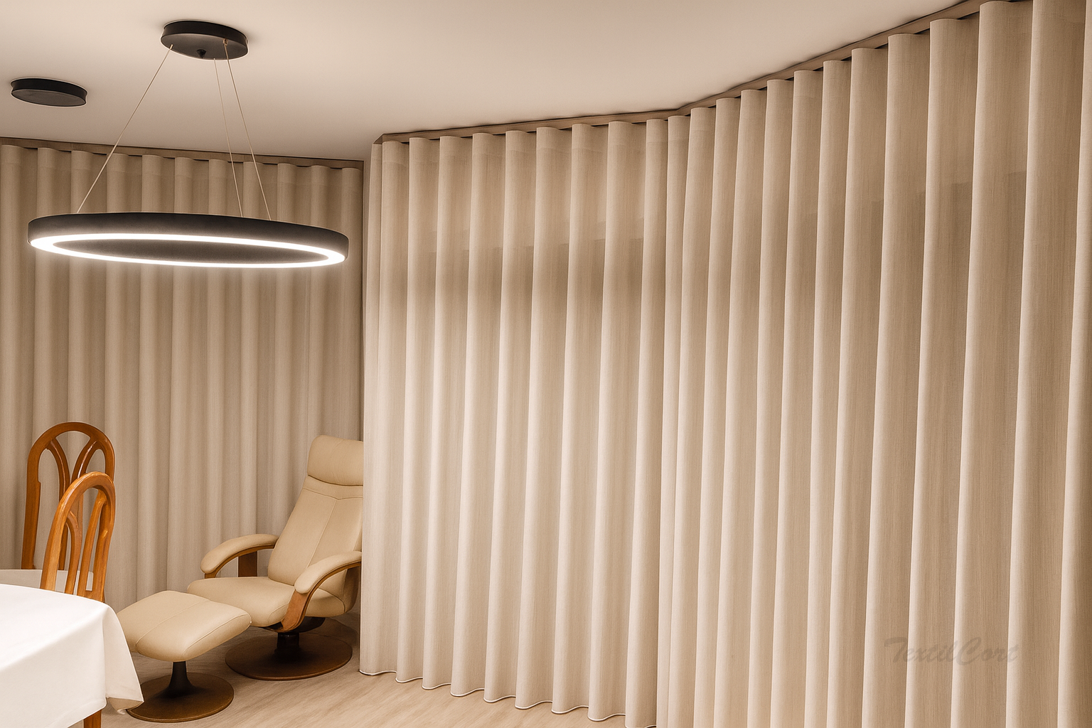 Cortinas onda perfecta con riel curvado salon moderno 2 textilcort