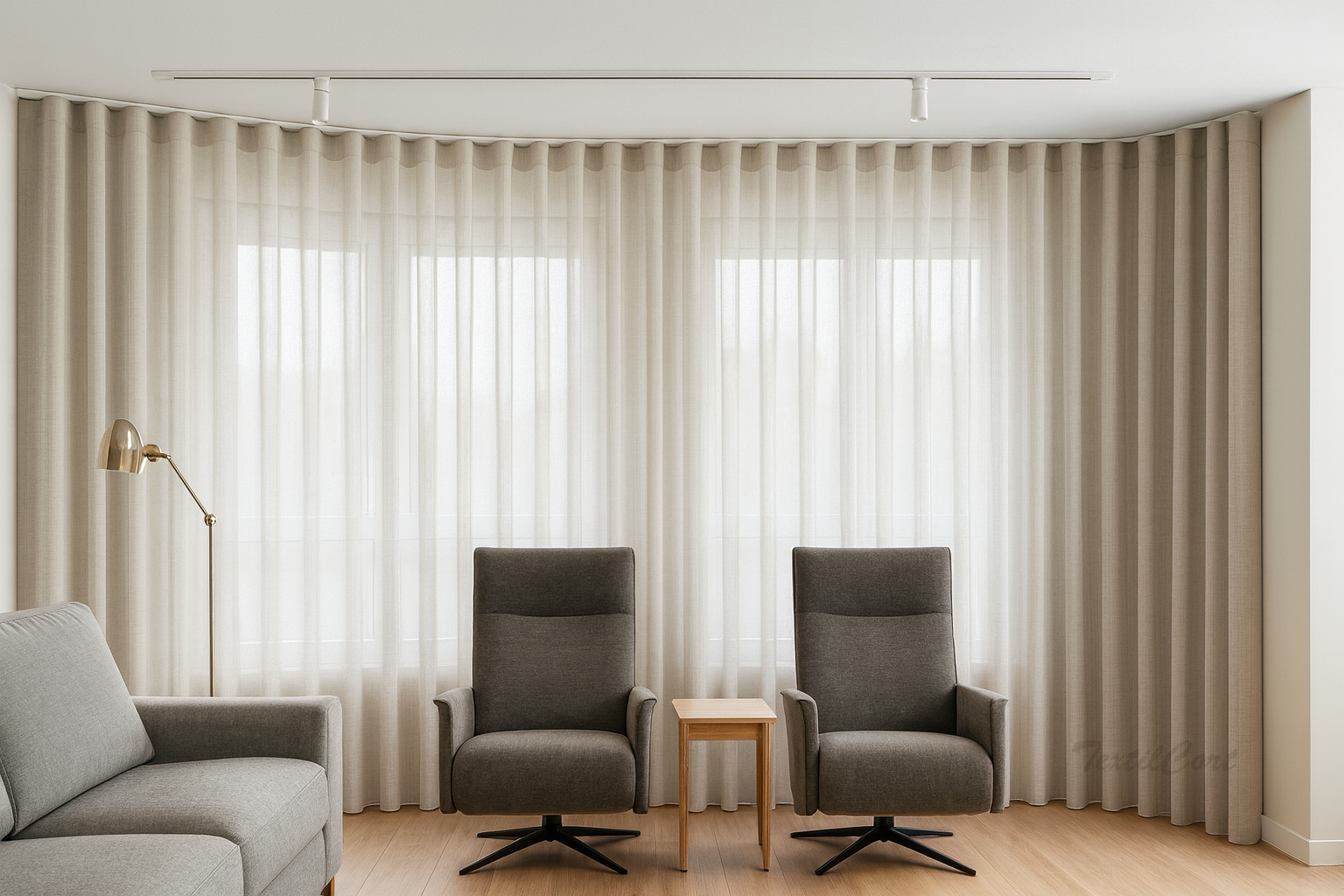 Cortinas onda perfecta con riel curvado salon moderno 3 textilcort