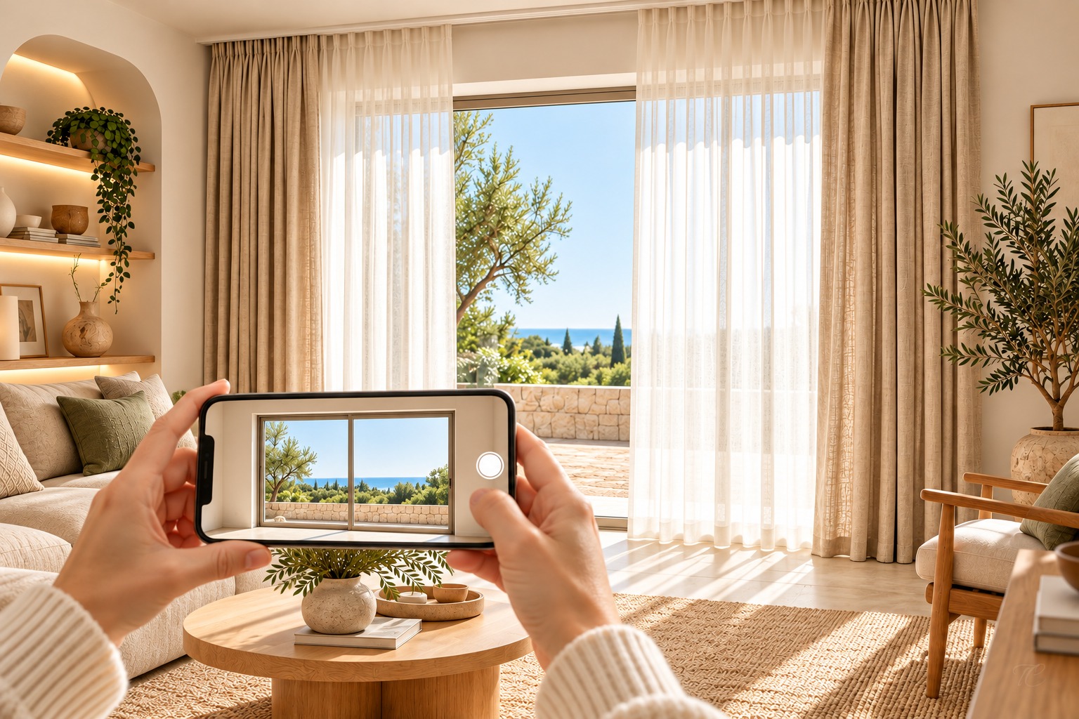 FotoCort de TextilCort: ventana sin cortinas fotografiada con un móvil y propuesta visual con visillos y cortinas a medida