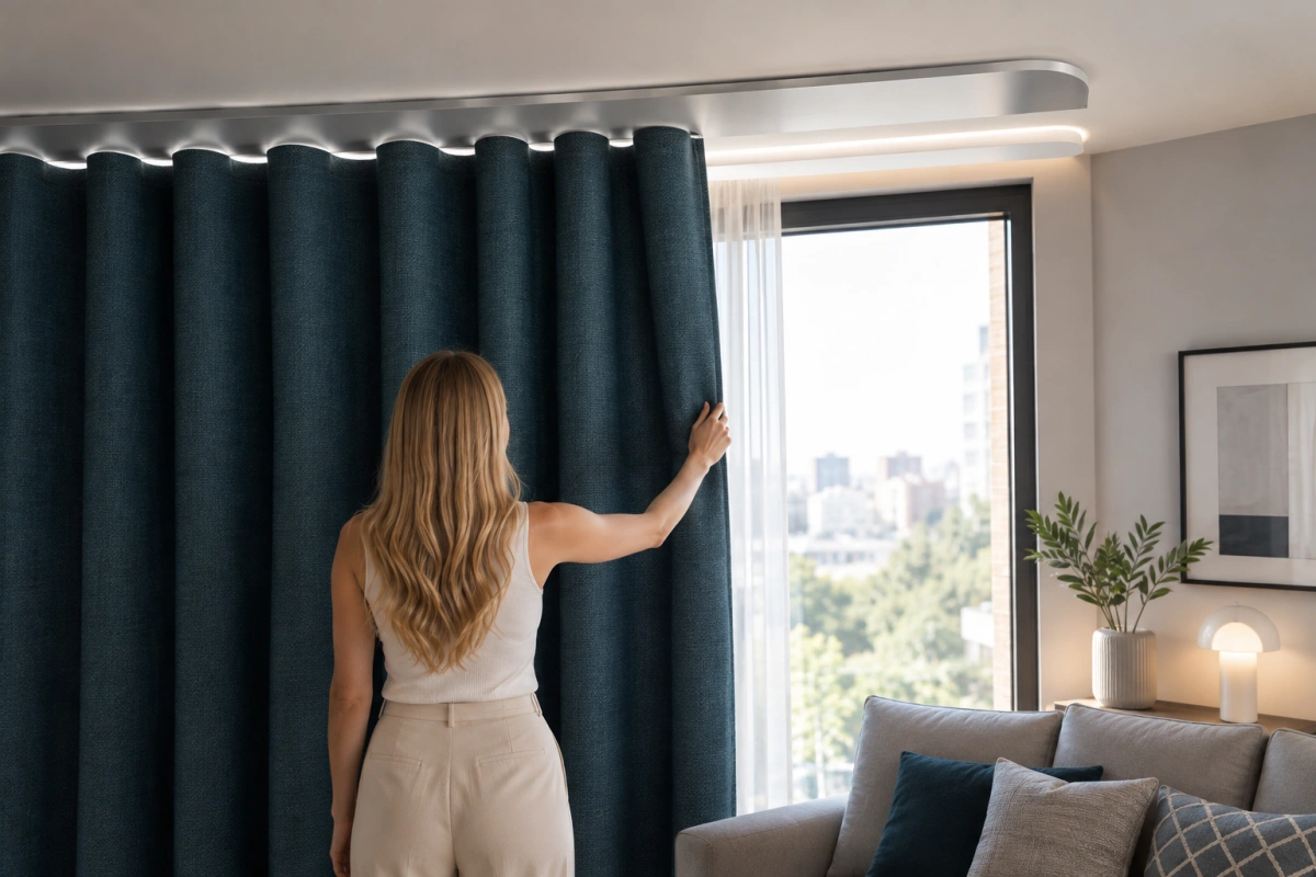 Cortinas confeccionadas a medida instaladas sobre riel decorativo en salón