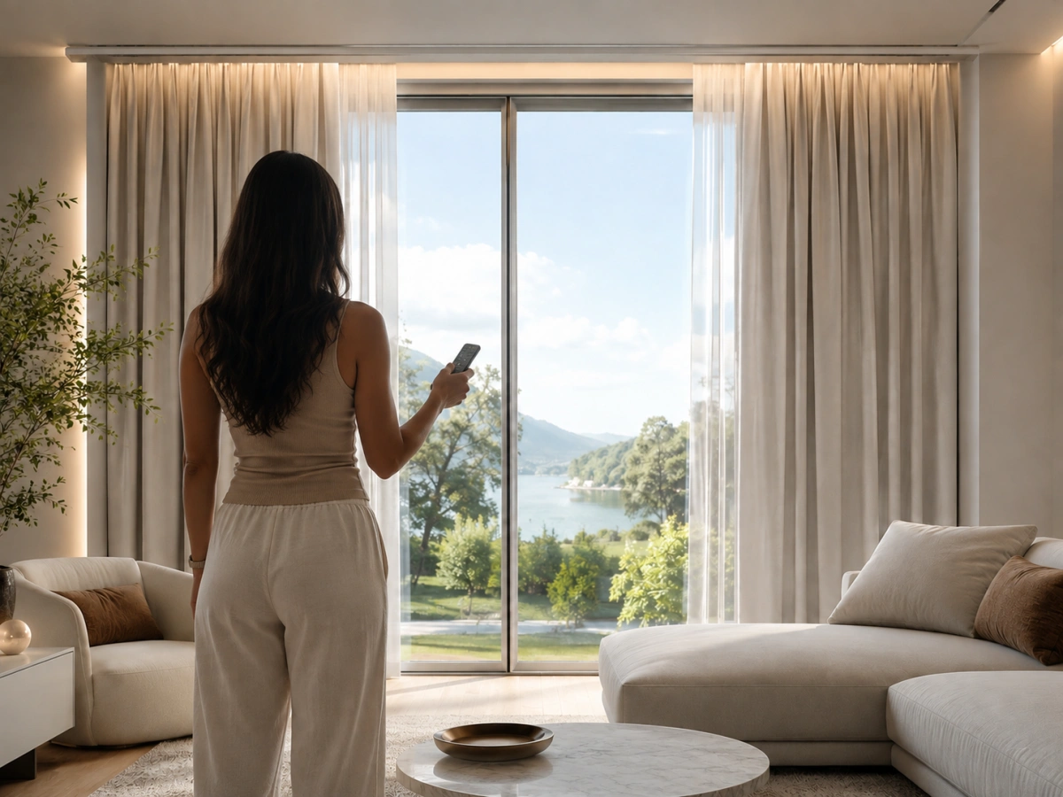 Cortinas motorizadas a medida instaladas en un gran ventanal de salón