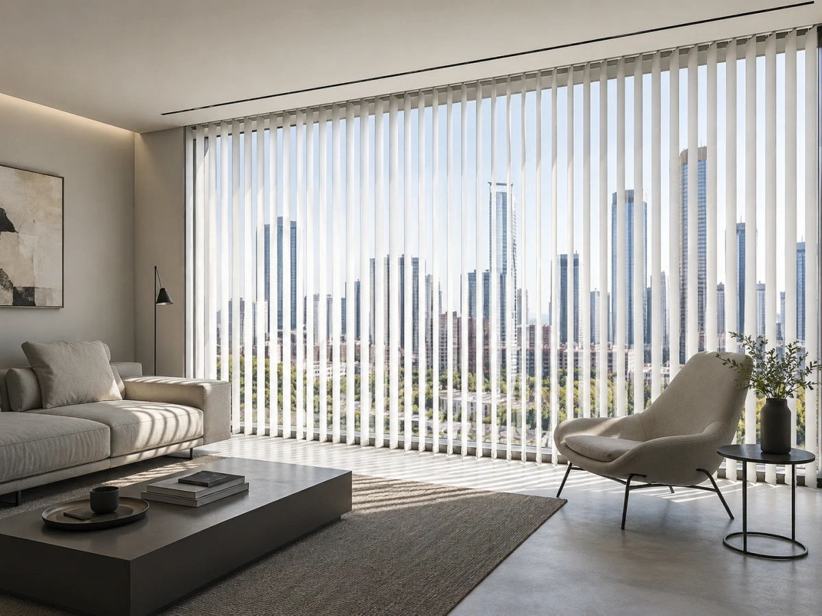 Cortinas verticales a medida instaladas en un gran ventanal de salón