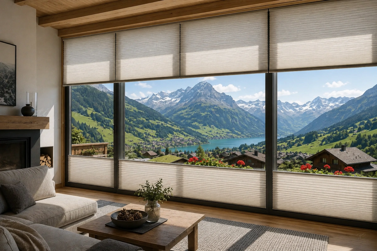 Cortinas plisadas a medida instaladas en grandes ventanales de salón