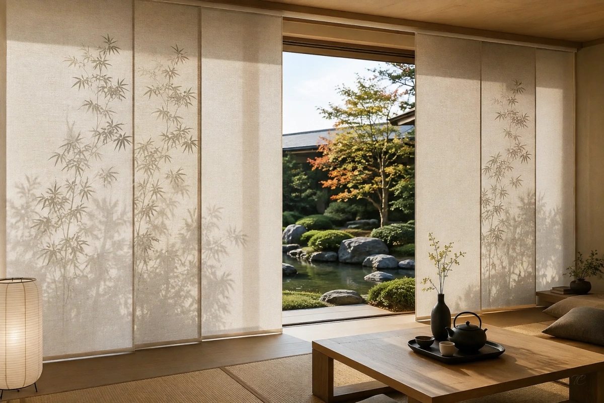 Paneles japoneses a medida con tejidos decorativos en salón de estilo oriental