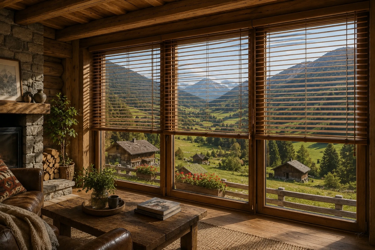 Cortinas venecianas de madera instaladas en grandes ventanales de salón