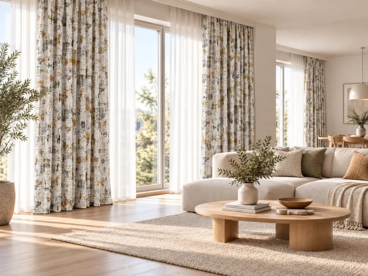 Salón con visillos y cortinas estampadas de alta decoración confeccionadas a medida