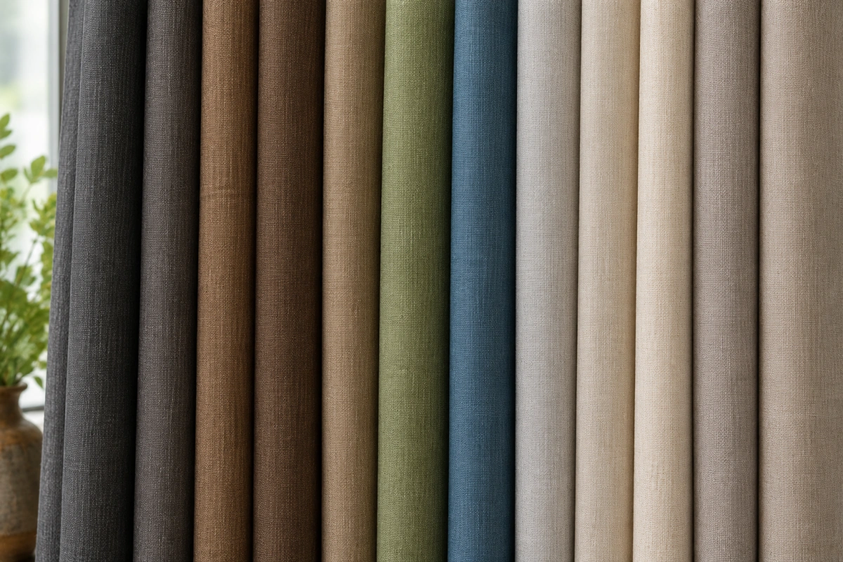 Selección de tejidos decorativos para cortinas en diferentes colores y texturas