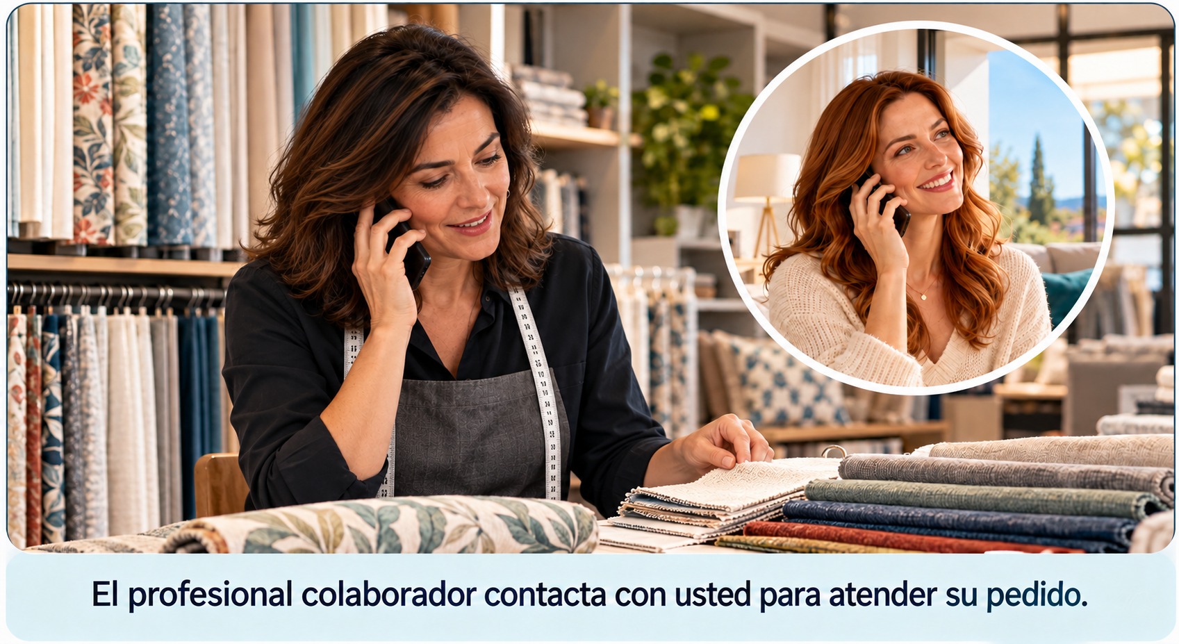 La profesional colaboradora contacta con el cliente para atender su solicitud de cortinas a medida