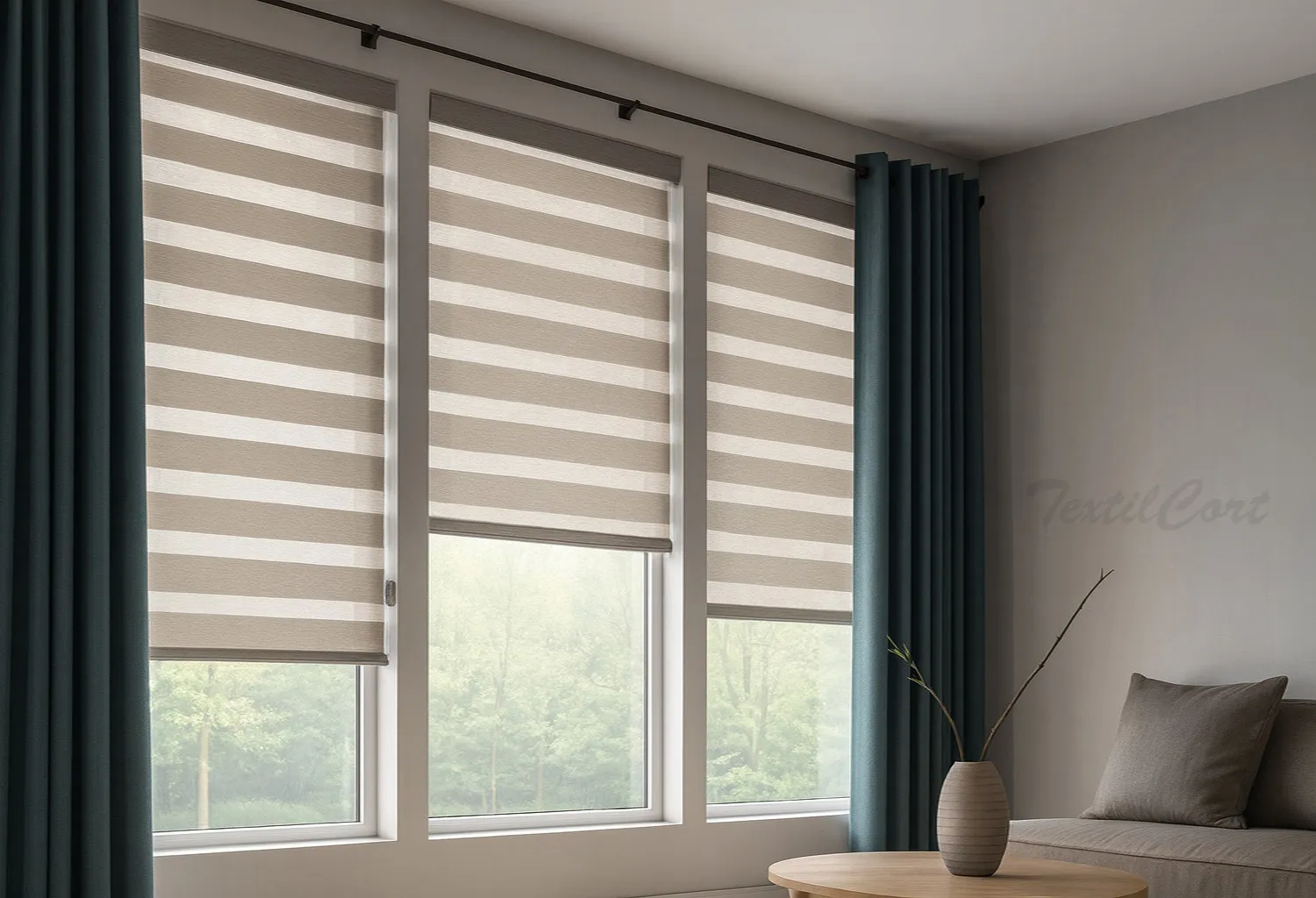 Estores Noche y Día beige en salón moderno con cortinas