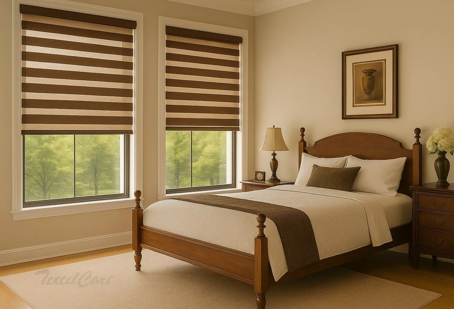 Dormitorio clásico con estores Noche y Día en tono arena