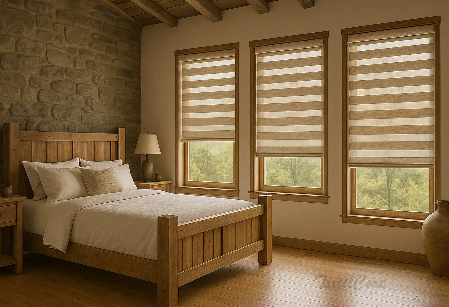 Dormitorio rústico con estores Noche y Día en color arena