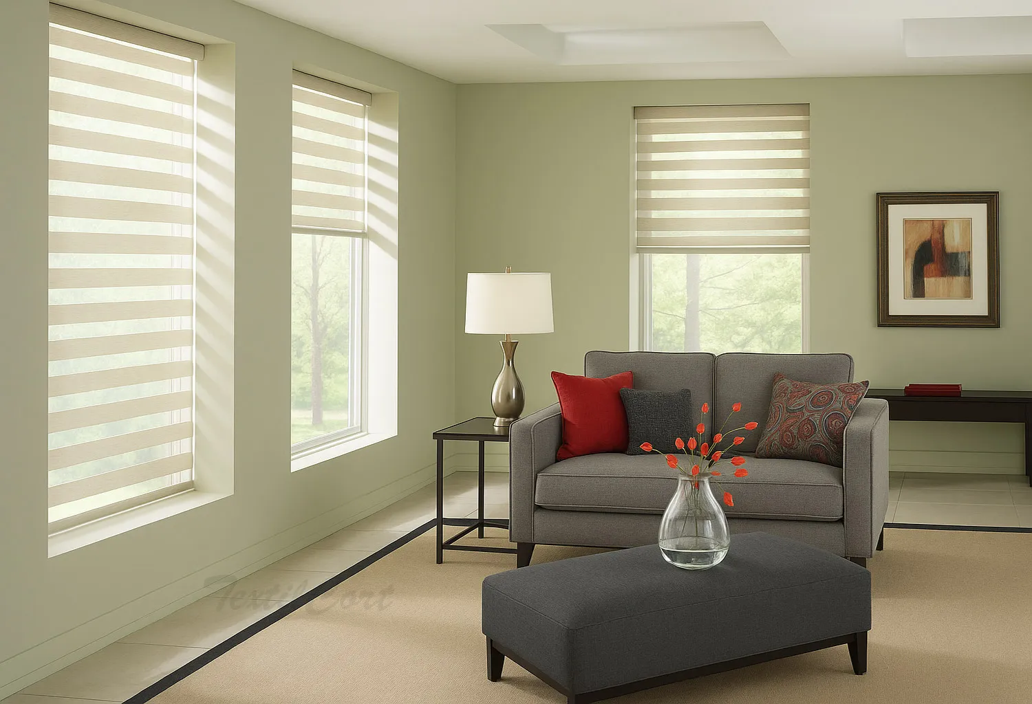 Estores Noche y Día color arena en salón con sofá gris y elementos rojos