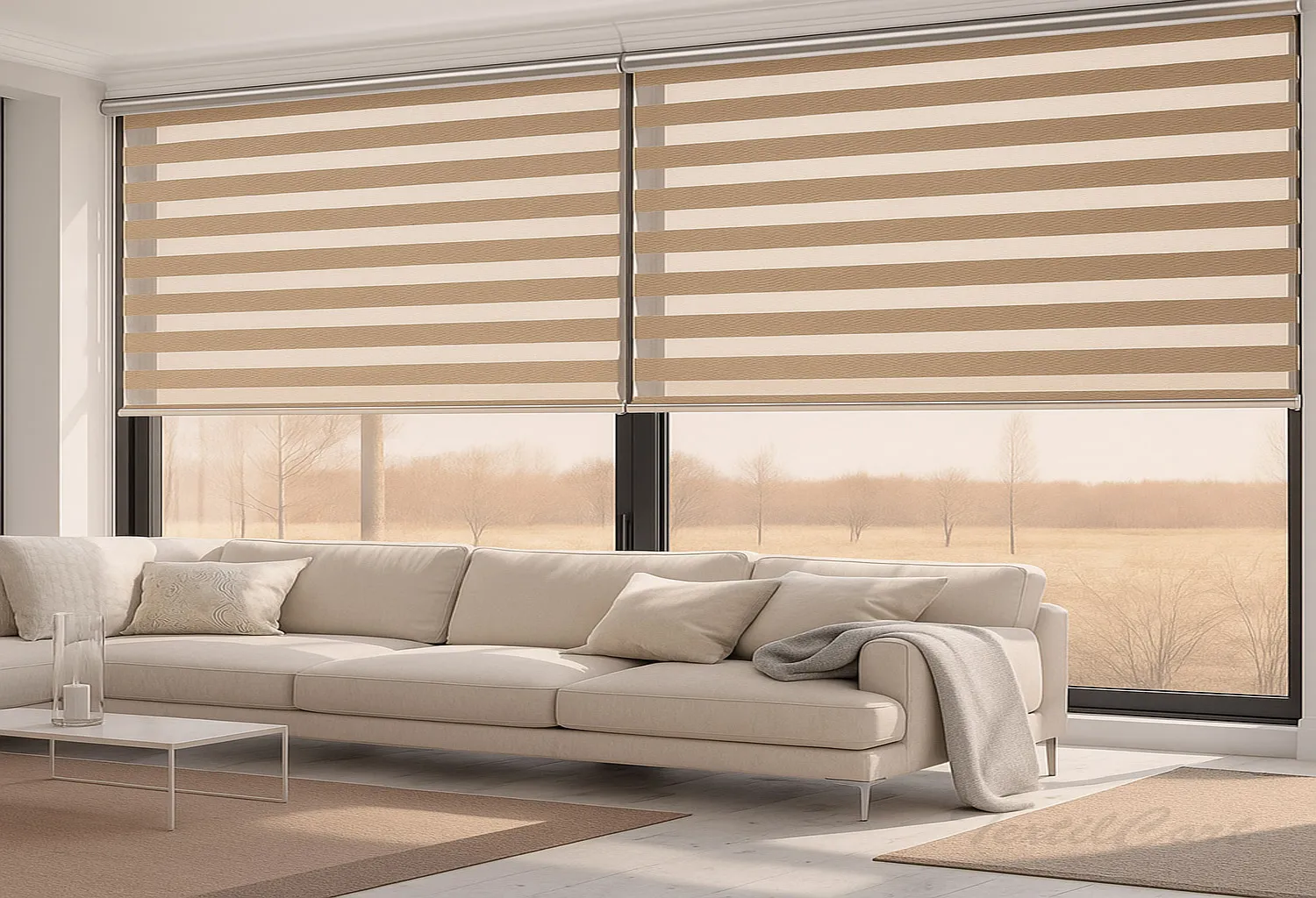 Estores Noche y Día arena en salón con sofá crudo y vistas abiertas