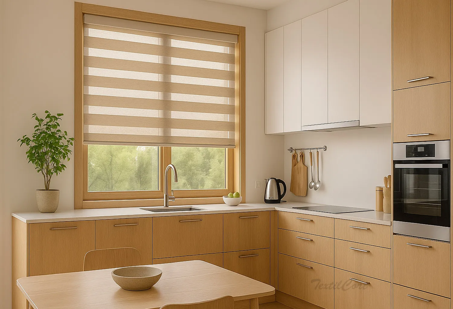 Cocina nórdica con estor Noche y Día en beig