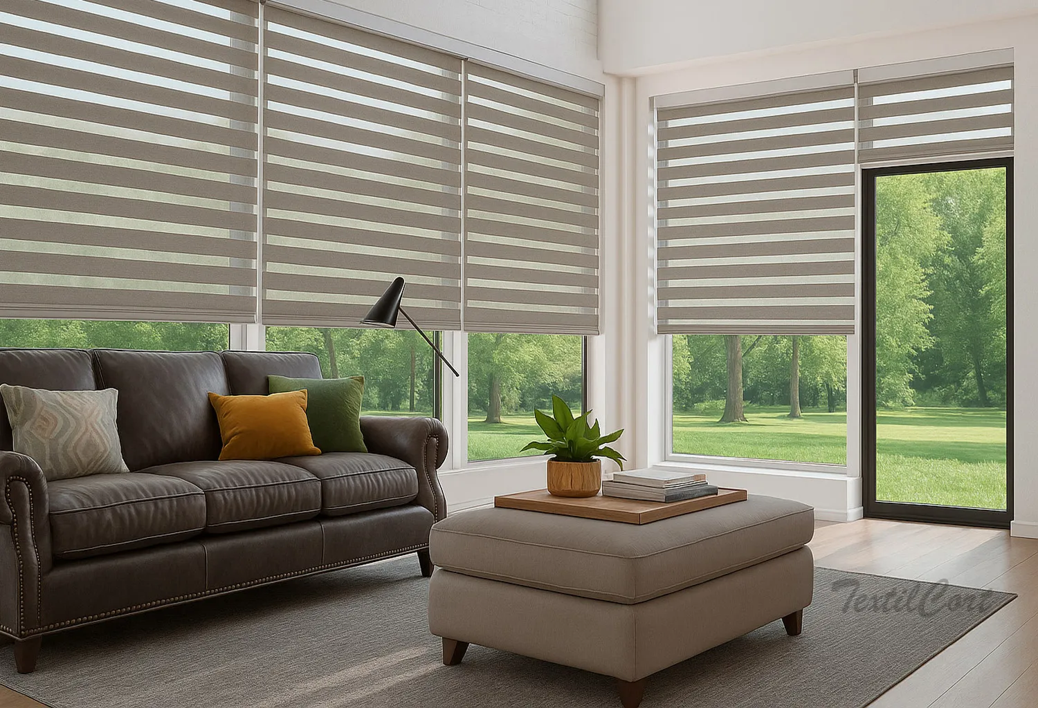 Estores Noche y Día color bison en salón con sofá marrón