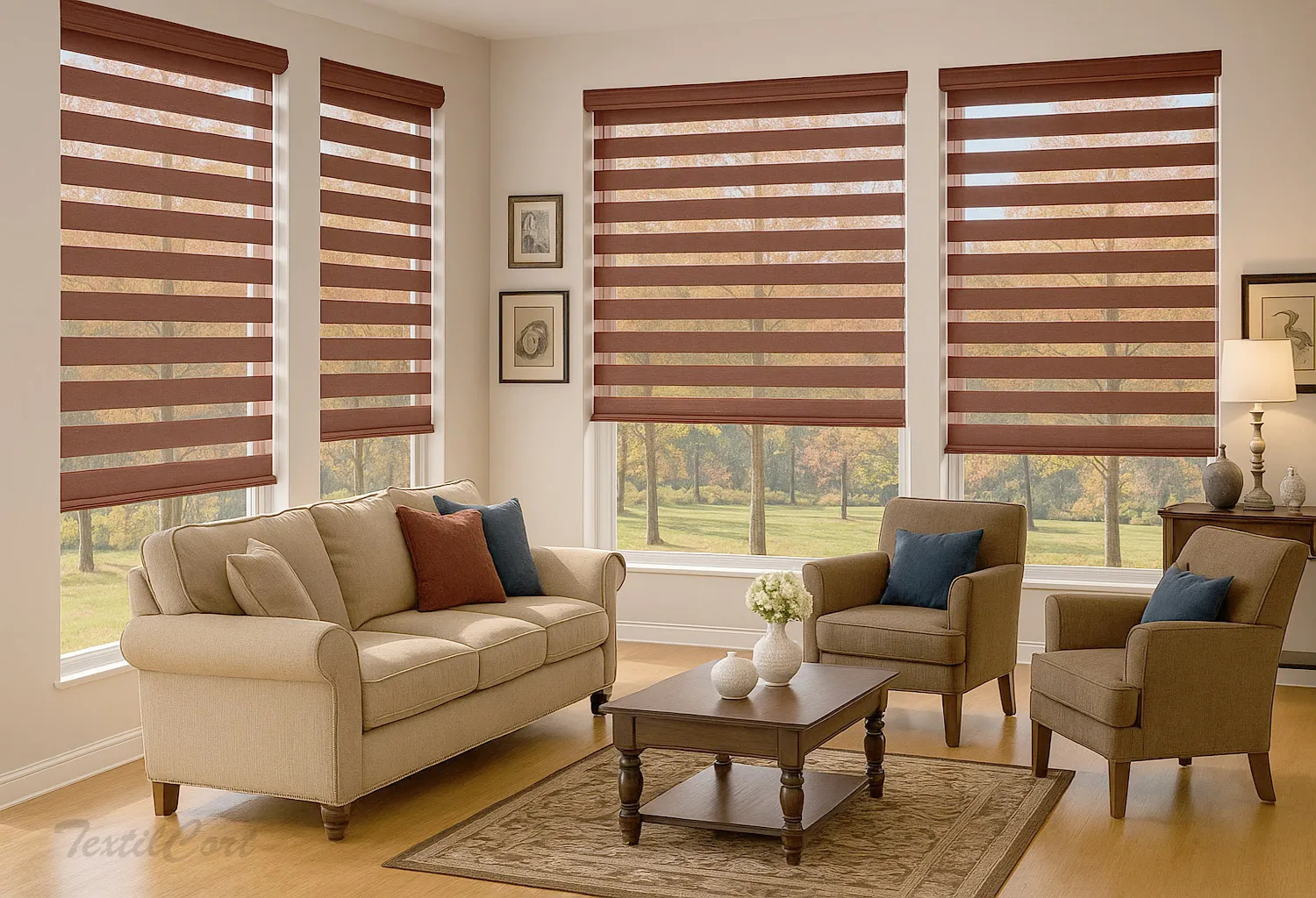 Estores Noche y Día en color burdeos para salón clásico elegante