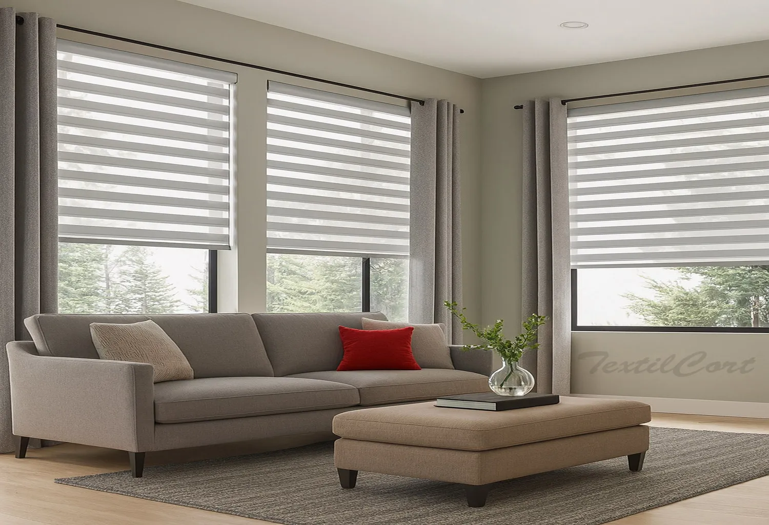 Estores Noche y Día grises con cortinas a juego en salón moderno