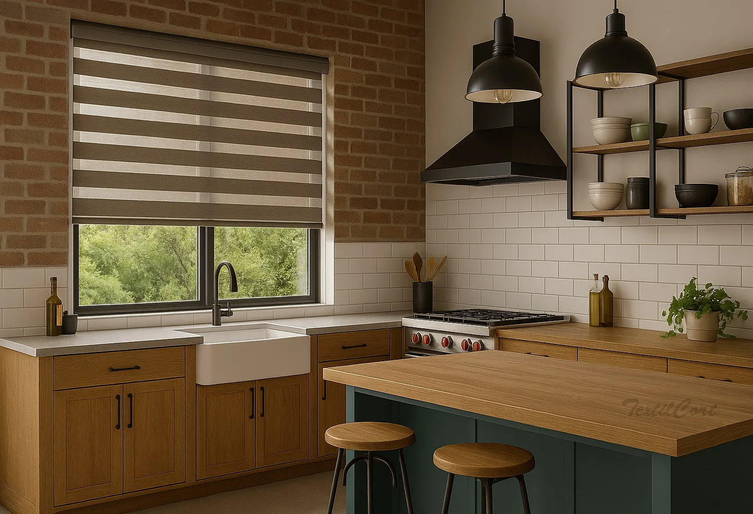 Cocina industrial desenfadada con estor Noche y Día gris